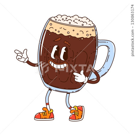 Cartoon groovy dark beer drink tankard character with bubbly foam on top, wearing sneakers and smiling, giving a friendly finger gun gesture. Vector playful glass cup personage exuding hippie y2k fun 130863174
