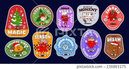 Christmas groovy label stickers and Xmas hippie patches for winter holidays, cartoon vector. Christmas stickers with groovy characters of happy snowflake and funky hot chocolate with cookie and gifts Christmas groovy label stickers and Xmas hippie patches for winter holidays, cartoon vector. Christmas stickers with groovy characters of happy snowflake and funky hot chocolate with cookie and gifts 130863175