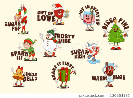 Christmas hippie Y2K groovy stickers with cartoon funny characters, vector t shirt prints. Groovy stickers with winter holiday quotes, funky Christmas tree and snowman with Santa gifts for New Year Christmas hippie Y2K groovy stickers with cartoon funny characters, vector t shirt prints. Groovy stickers with winter holiday quotes, funky Christmas tree and snowman with Santa gifts for New Year 130863185