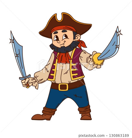 Pirate cartoon character or Caribbean corsair sailor with saber swords, vector groovy personage. Caribbean pirate or seaman captain corsair character in tricorne hat with funny smile and dagger sword 130863189