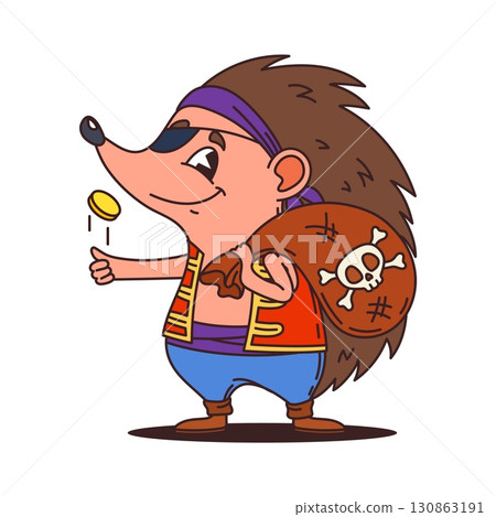 Hedgehog pirate, cartoon animal character of corsair ship crew, vector funny personage. Hedgehog Caribbean sailor with eyepatch and bandana with treasure bag and gold coins as corsair animal character Hedgehog pirate, cartoon animal character of corsair ship crew, vector funny personage. Hedgehog Caribbean sailor with eyepatch and bandana with treasure bag and gold coins as corsair animal character 130863191