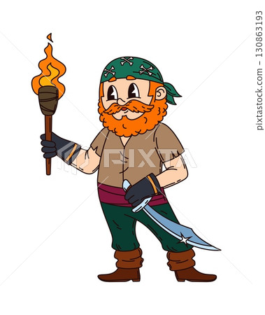 Cartoon funny groovy pirate corsair character holds burning torch. Isolated vector rugged sailor personage with green bandana and red bushy beard, ready for action, standing with determined expression 130863193