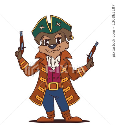 Cartoon dog animal pirate character or corsair ship crew, vector sailor personage. Dog in captain tricorne cocked hat and seaman coat with pistol gun or revolver muskets as Caribbean corsair character 130863197
