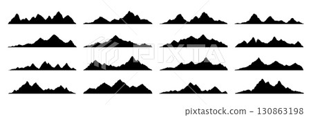 Black rock hills and mountain silhouettes of rocky valley landscape shapes, vector icons. Mountain peaks or canyon ranges and alpine mountain silhouettes of valley hills for hiking, camping or travel Black rock hills and mountain silhouettes of rocky valley landscape shapes, vector icons. Mountain peaks or canyon ranges and alpine mountain silhouettes of valley hills for hiking, camping or travel 130863198