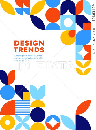 Abstract modern banner with geometric pattern. Trendy vector background, cover template with retro minimal geometry shapes, forms, lines in vibrant colors for exhibit art, magazine, journal, album 130863199