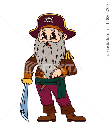 Funny groovy pirate and corsair character. Vector sea sailor or captain swashbuckling retro cartoon personage with rugged beard, holding a saber, ready for high seas adventures and treasure hunts Funny groovy pirate and corsair character. Vector sea sailor or captain swashbuckling retro cartoon personage with rugged beard, holding a saber, ready for high seas adventures and treasure hunts 130863200