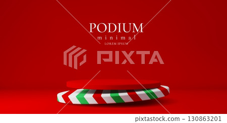 Christmas 3d podium stage. 3d vector display with round platform, featuring a lower base decorated in green, white, and red diagonal stripes against red background for presentation or product showcase Christmas 3d podium stage. 3d vector display with round platform, featuring a lower base decorated in green, white, and red diagonal stripes against red background for presentation or product showcase 130863201