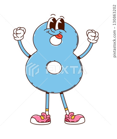 Cartoon groovy math number eight character. Isolated vector cheerful and curvy numeral 8 with googly eyes and quirky smile. Playful school education personage for arithmetic and mathematics learning Cartoon groovy math number eight character. Isolated vector cheerful and curvy numeral 8 with googly eyes and quirky smile. Playful school education personage for arithmetic and mathematics learning 130863202