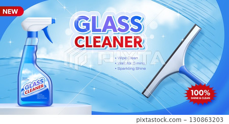 Window glass cleaner advertising banner with spray bottle and window squeegee. Vector clean and modern product advertisement, emphasizes hygiene, freshness and new protective cleaning formula 130863203