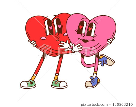 Cartoon groovy two heart characters hug and kiss. Love symbols embodying a playful and romantic vibe for Valentines Day. Isolated vector couple personages expresses greetings, affection and hippie fun 130863210