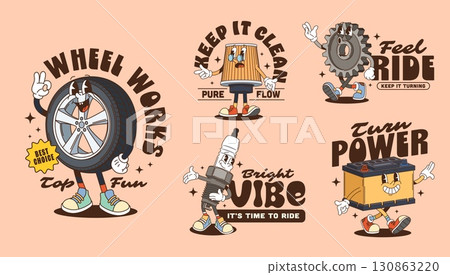 Groovy vehicle spare parts characters retro stickers and car detail personages t shirt prints. Vector auto service groovy stickers, cartoon wheel, tire and gear, spark plug and oil filter characters 130863220