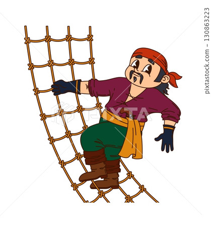 Cartoon Caribbean pirate sailor ship crew groovy character climbs a rope ladder, wearing a red bandana and classic swashbuckler attire. Playful vector corsair personage sailing the ocean for adventure Cartoon Caribbean pirate sailor ship crew groovy character climbs a rope ladder, wearing a red bandana and classic swashbuckler attire. Playful vector corsair personage sailing the ocean for adventure 130863223