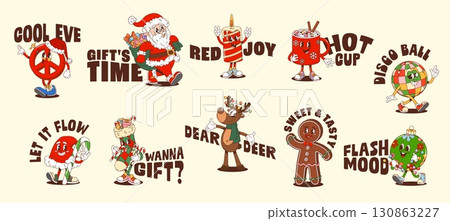 Christmas and New Year hippie Y2K groovy stickers with cartoon characters, vector t shirt prints. Groovy Christmas stickers for winter holiday quotes, funky Santa with New Year gifts and reindeer Christmas and New Year hippie Y2K groovy stickers with cartoon characters, vector t shirt prints. Groovy Christmas stickers for winter holiday quotes, funky Santa with New Year gifts and reindeer 130863227