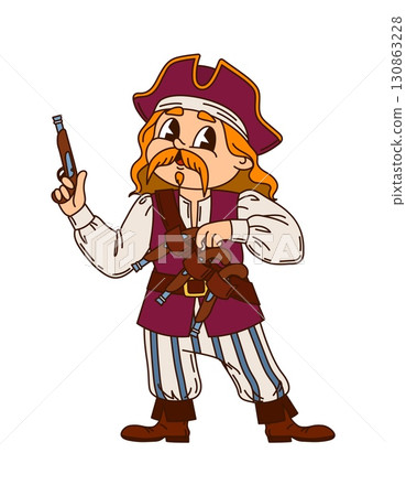 Cartoon European pirate and corsair sailor character with captain hat, and pistols poses joyfully. Vector groovy cheerful and adventurous y2k rover personage wears filibuster shirt and striped pants 130863228