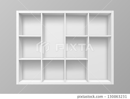 Isolated white empty bookshelf on wall vector background. 3d realistic shelves of book store, library or shop, office and home interior furniture front view. Modern white bookshelf or display stand 130863231