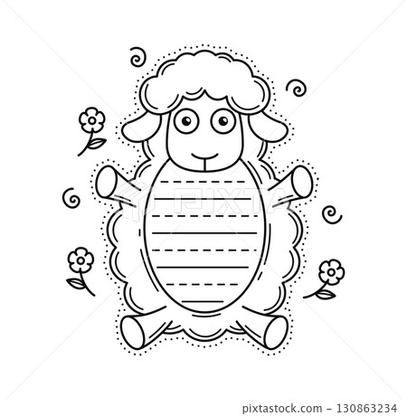 Sheep cheerful animal kids memo note frame. Diary vector template, Farm animal child schedule frame. Kid scrapbook checklist or To Do list memo note sticker with cute sheep character lying on back 130863234