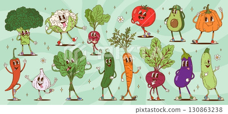 Cartoon groovy vegetable characters fun expressions. Broccoli, avocado, tomato, carrot, beetroot, garlic and eggplant. Chili pepper, cauliflower, spinach and pumpkin with squash emphasizing health 130863238