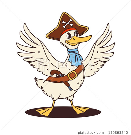 Cartoon goose pirate of corsair ship crew animal character, vector sailor personage. Funny goose in captain tricorne cocked hat with crossbones and musket gun as Caribbean corsair or seaman character 130863240