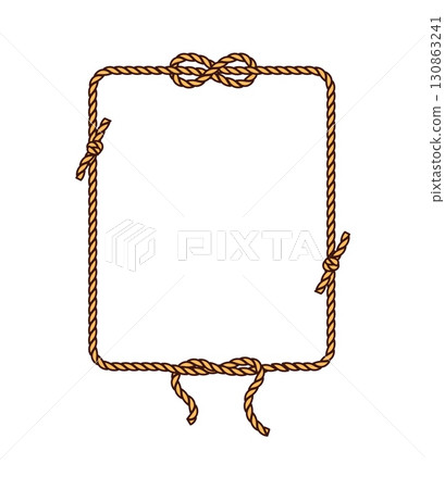 Cartoon groovy square rope frame with knotted corners and a decorative looped knot on top. Vector pirate and corsair object and tool, rectangular twisted rope border. Nautical and rustic thick cord 130863241