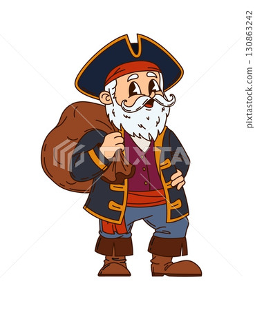 Pirate or Caribbean corsair cartoon character with treasure bag, vector groovy personage. Caribbean pirate captain, seaman sailor or corsair cartoon character in tricorne with treasure snatch loot bag 130863242