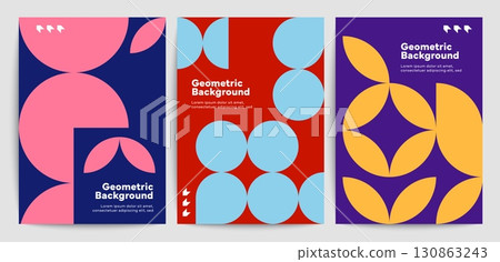 Abstract modern posters with geometric shapes pattern. Vector circle and leaf figures background posters, presentation banner or brochure cover. Retro color geometric mosaic patterns set Abstract modern posters with geometric shapes pattern. Vector circle and leaf figures background posters, presentation banner or brochure cover. Retro color geometric mosaic patterns set 130863243