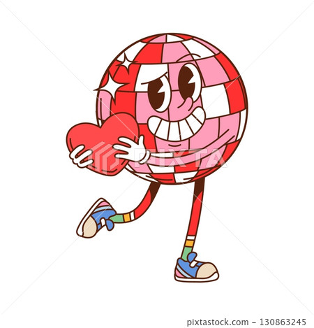 Cartoon groovy Valentine day disco ball character holding red heart, exuding love vibe. Isolated vector funky personage with trendy hippie sneakers and cheerful expression ready for retro dance party 130863245
