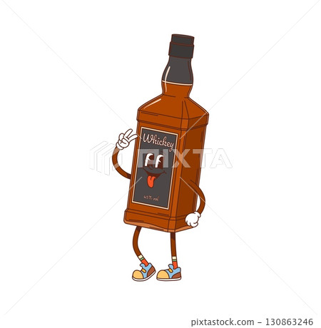 Retro hippie whiskey drink bottle groovy character. Bar cocktail alcohol beverage cheerful hippie 80s vector personage. Whiskey, bourbon or cognac bottle funny funky mascot, isolated groovy character Retro hippie whiskey drink bottle groovy character. Bar cocktail alcohol beverage cheerful hippie 80s vector personage. Whiskey, bourbon or cognac bottle funny funky mascot, isolated groovy character 130863246