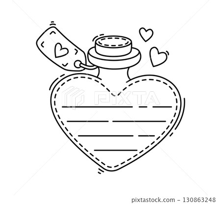 Love potion bottle kids memo note template. Children schedule vector frame, child planner To Do list sticker. Scrapbook memo note or kid diary checklist with love magic potion or elixir vial bottle 130863248