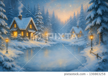 A magical winter wonderland with snow covered cottages glowing warmly by a frozen lake 130863258