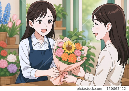 Interaction between a female customer receiving a bouquet and a store clerk 130863422