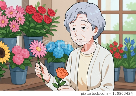 An old lady picking out flowers 130863424
