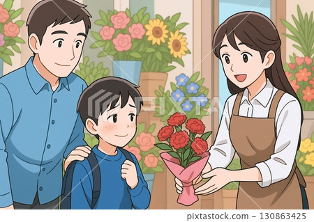 Father and son buying flowers for Mother's Day 130863425