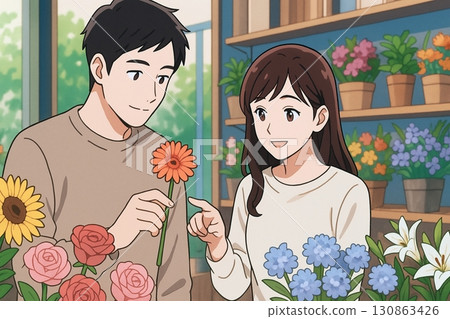A scene of a couple choosing flowers at a flower shop 130863426