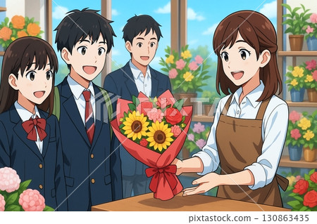 A florist and students handing over bouquets 130863435