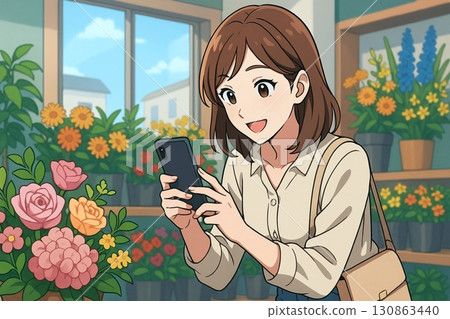Female customers enjoying taking photos with their smartphones at a flower shop 130863440