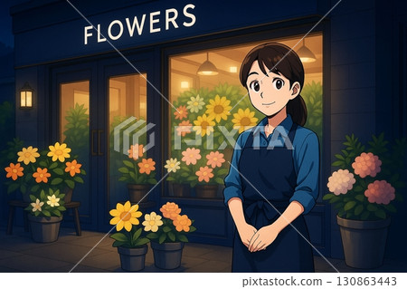 A female clerk standing in front of a flower shop at night 130863443