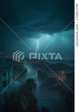 nighttime cityscape sky lightning stormy bolt general outdoors 130863596