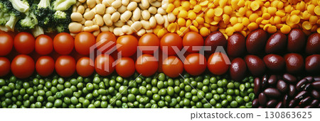 view assortment vegetables grains broccoli corn beans tomatoes 130863625