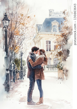 paris watercolor couple snowy painting sharing kiss setting paris watercolor couple snowy painting sharing kiss setting 130863643