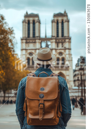 paris man leather hat trees street brown backpack paris man leather hat trees street brown backpack 130863678