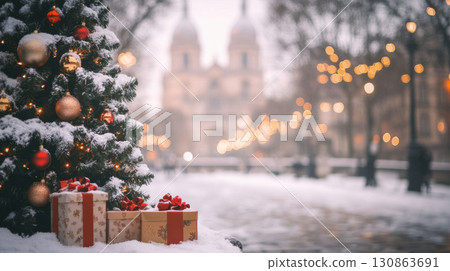 paris tree gold ornaments foreground blanket snow background 130863691