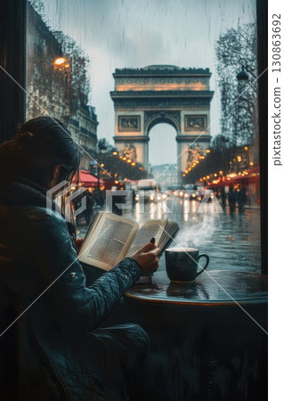 paris woman cafe day triomphe background book rainy 130863692