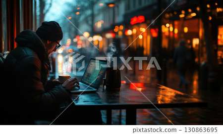 paris man jacket laptop cafe coffee beanie cup 130863695