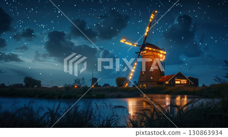 windmill mill traditional building star night sky old 130863934