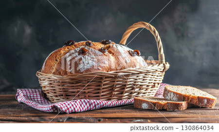 table loaf bread wicker basket crust raisins rustic table loaf bread wicker basket crust raisins rustic 130864034