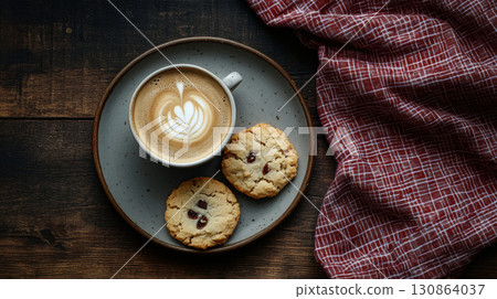 view table cappuccino cookies plate topdown rustic cup 130864037