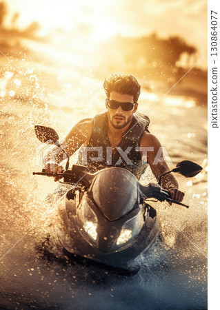 man jet ski body water sunset scene effect 130864077