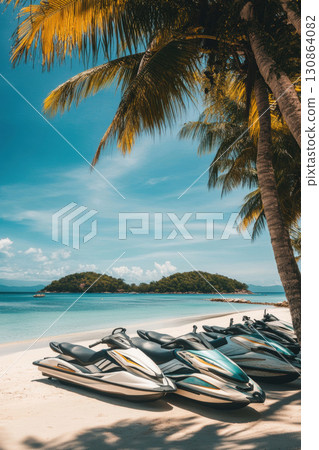 aerial view palm trees jet skis sky clouds 130864082