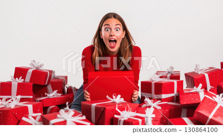 woman gift boxes ribbons scene background sweater box 130864100