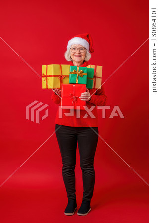 portrait woman hat background santa setting holding stack 130864101